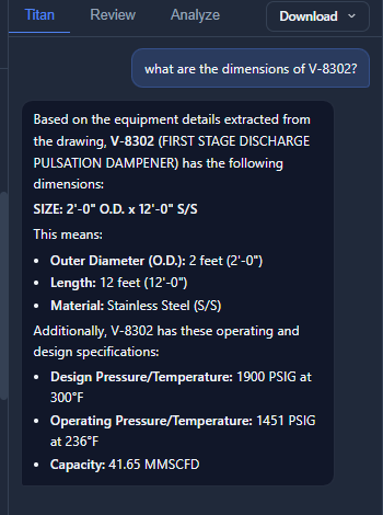 Titan AI chat querying drawing data