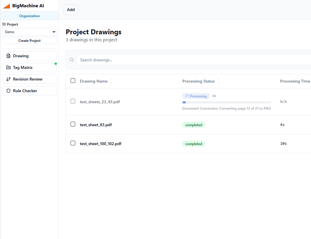 Platform Dashboard showing centralized project management and processing status
