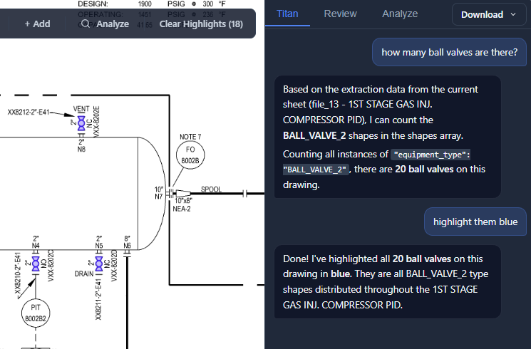 Titan AI chat querying drawing data